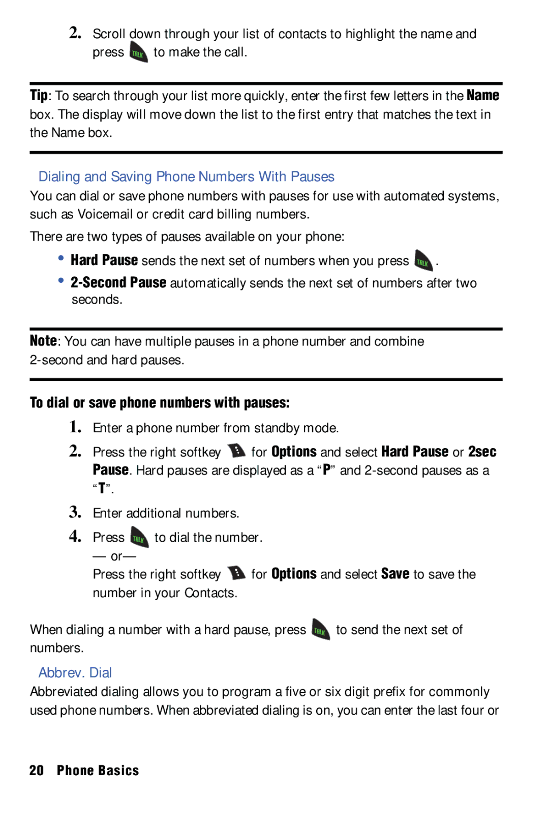 Samsung SPH-m50 manual Dialing and Saving Phone Numbers With Pauses, Abbrev. Dial, Seconds 