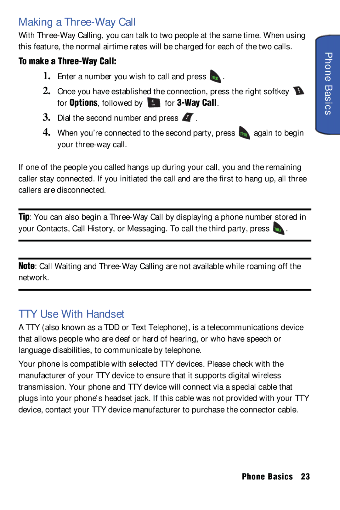 Samsung SPH-m50 manual Making a Three-Way Call, TTY Use With Handset, To make a Three-Way Call 