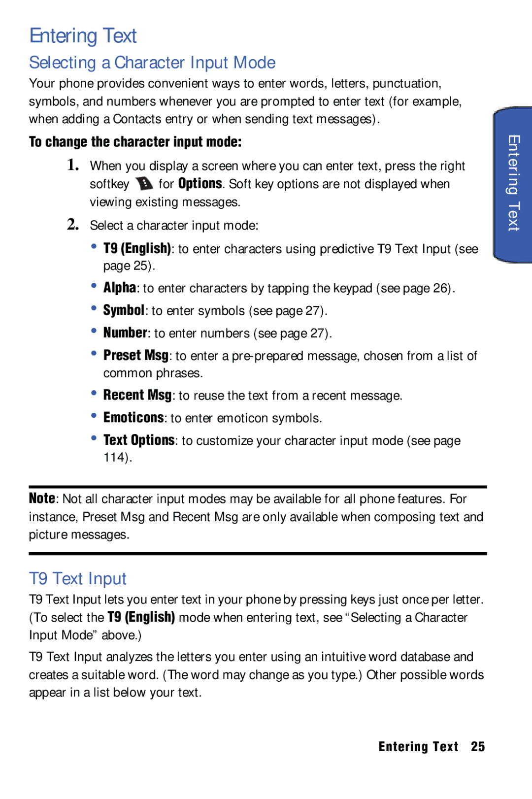 Samsung SPH-m50 manual Entering Text, Selecting a Character Input Mode, T9 Text Input, To change the character input mode 