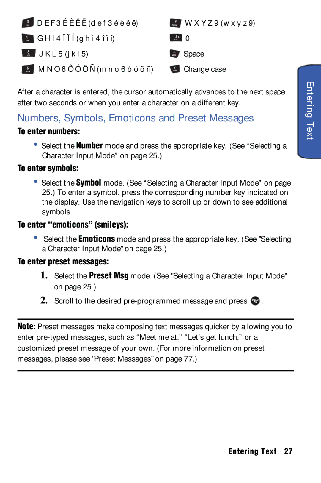 Samsung SPH-m50 manual Numbers, Symbols, Emoticons and Preset Messages, To enter numbers, To enter symbols 