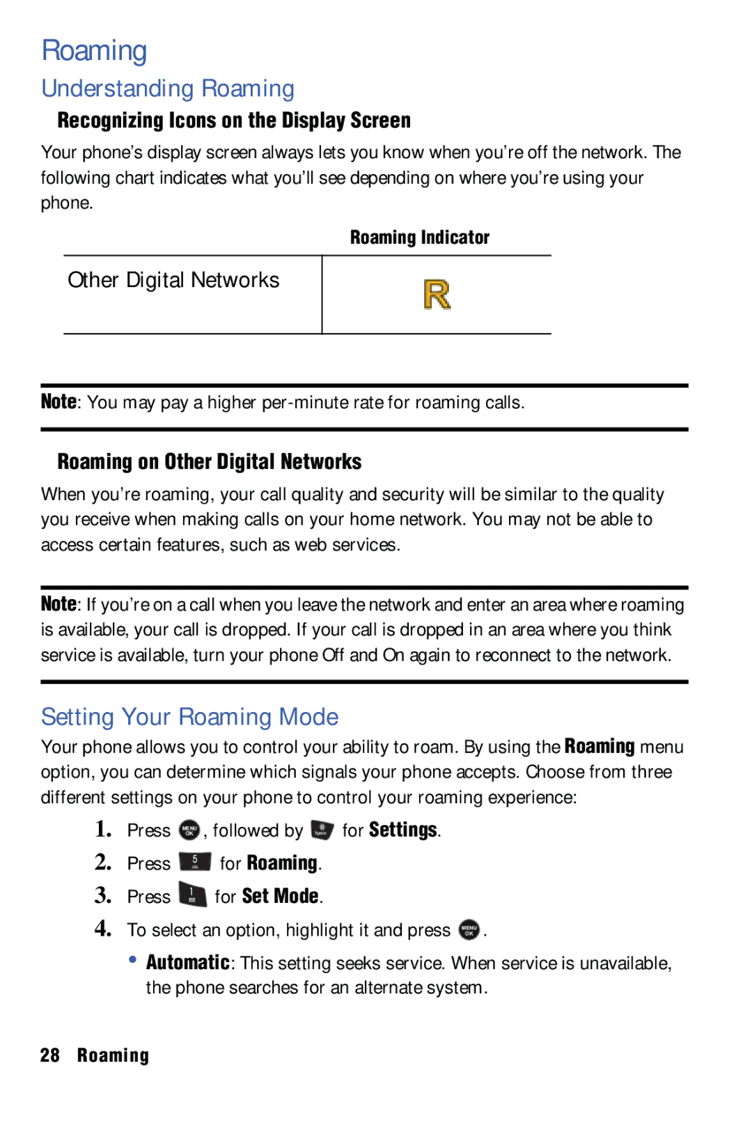 Samsung SPH-m50 manual Understanding Roaming, Setting Your Roaming Mode, Recognizing Icons on the Display Screen 