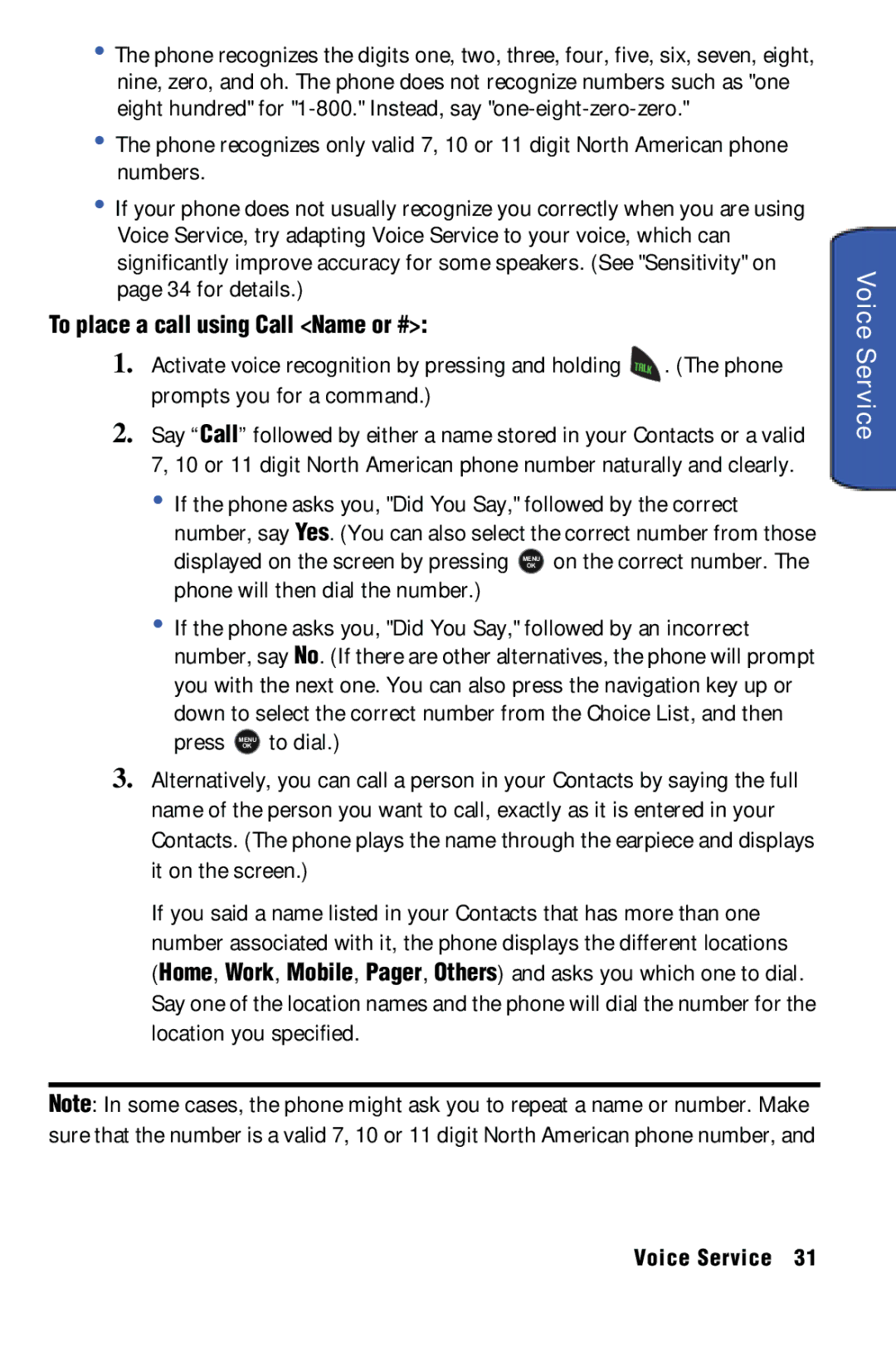 Samsung SPH-m50 manual Voice Service, To place a call using Call Name or #, Prompts you for a command 