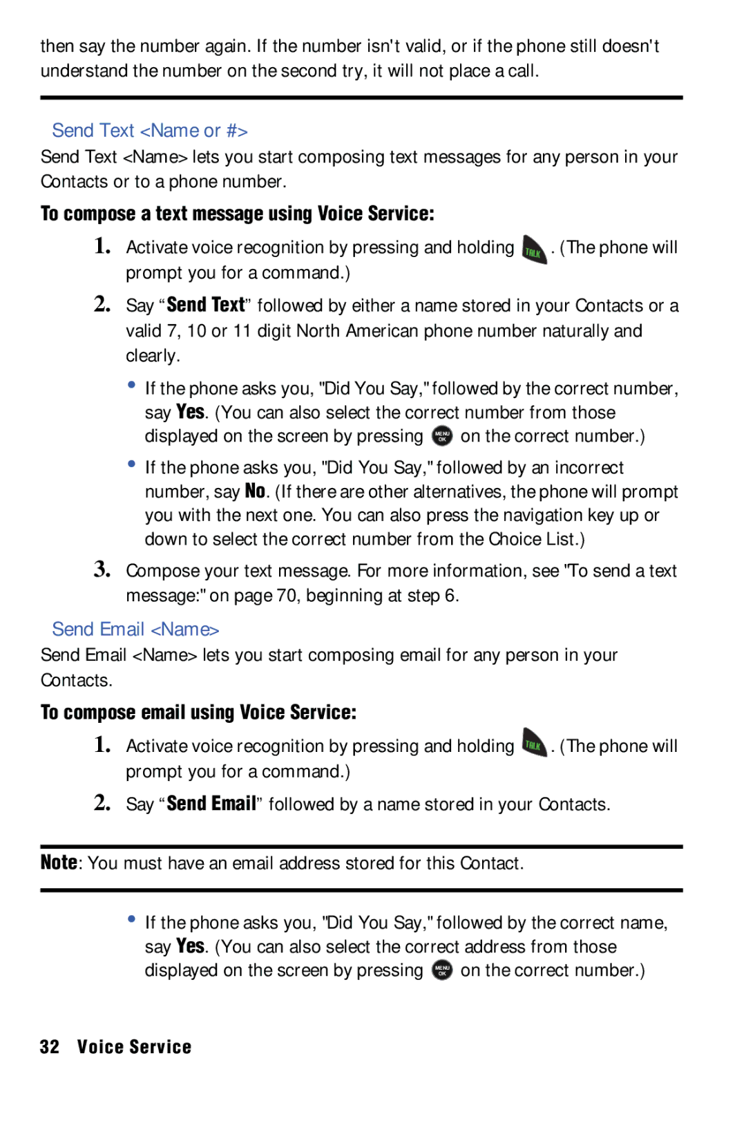 Samsung SPH-m50 manual Send Text Name or #, Send Email Name, To compose a text message using Voice Service 