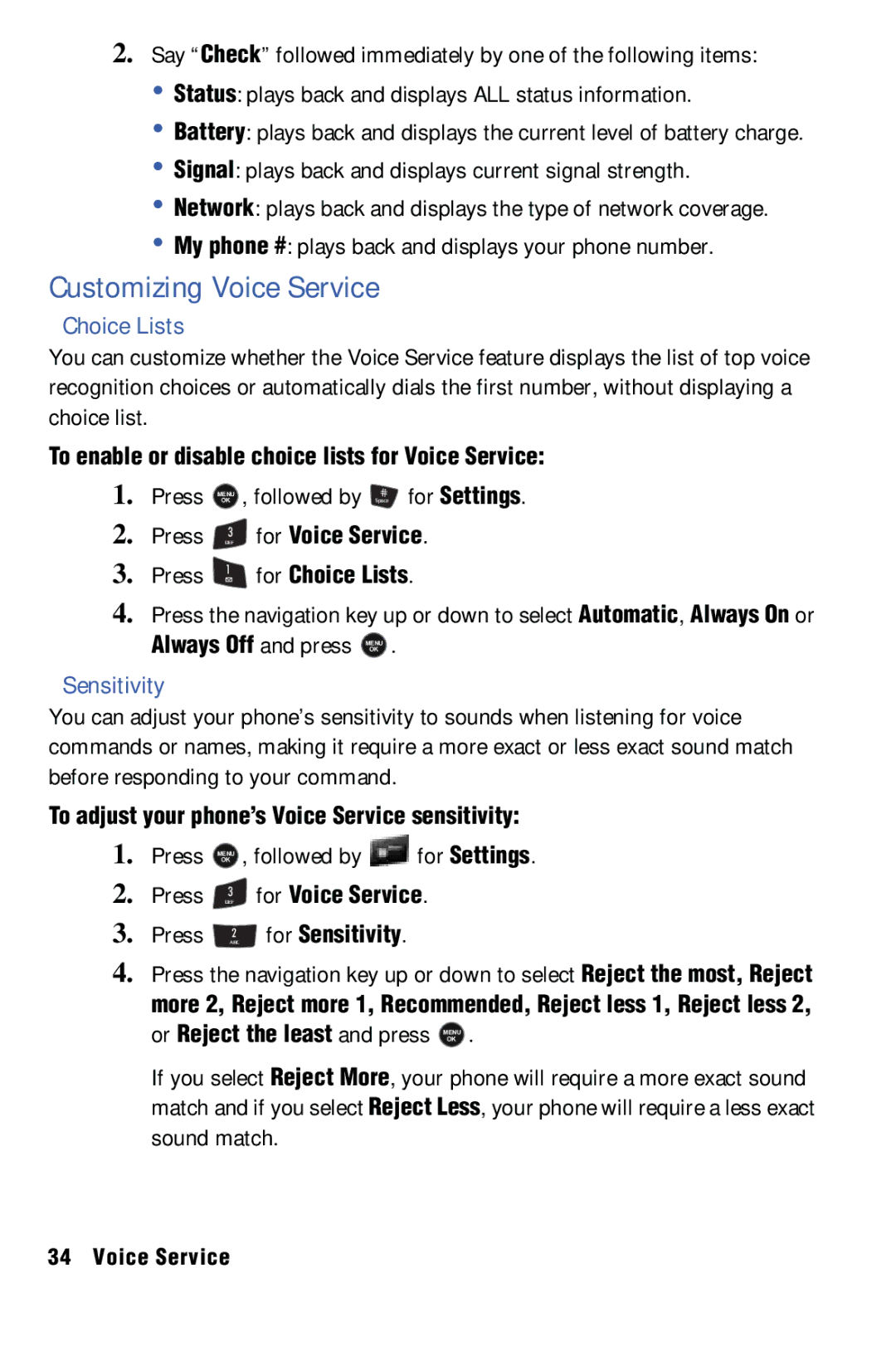 Samsung SPH-m50 manual Customizing Voice Service, Choice Lists, Sensitivity 