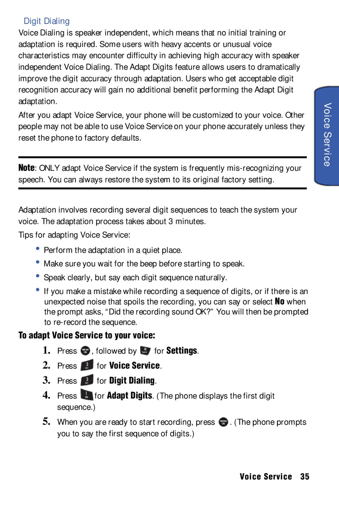 Samsung SPH-m50 manual To adapt Voice Service to your voice, For Digit Dialing, Sequence 