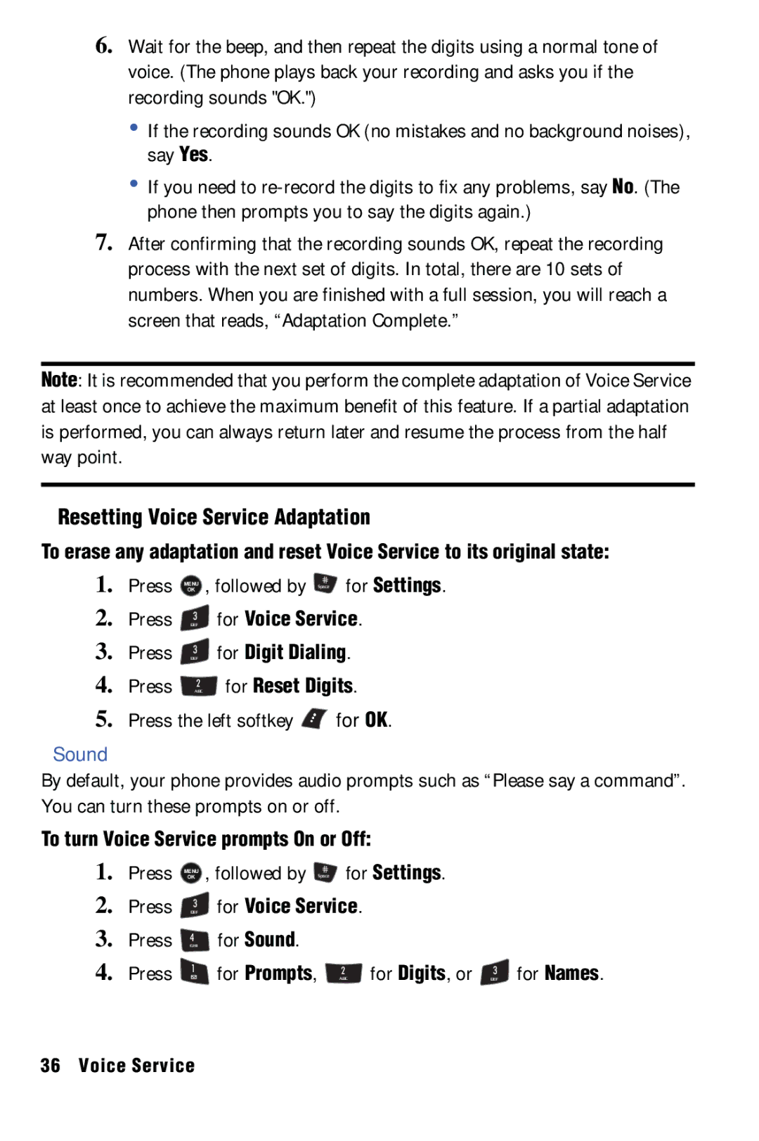 Samsung SPH-m50 manual Resetting Voice Service Adaptation, Sound, For Reset Digits, To turn Voice Service prompts On or Off 