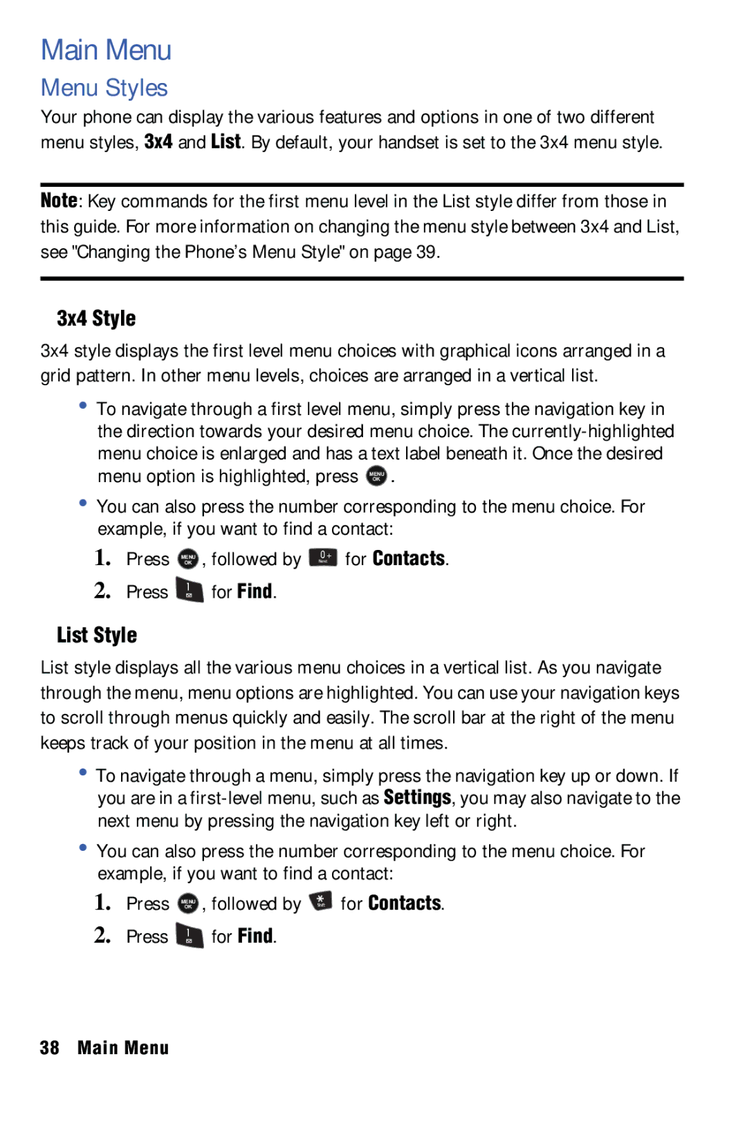 Samsung SPH-m50 manual Main Menu, Menu Styles, 3x4 Style, List Style 