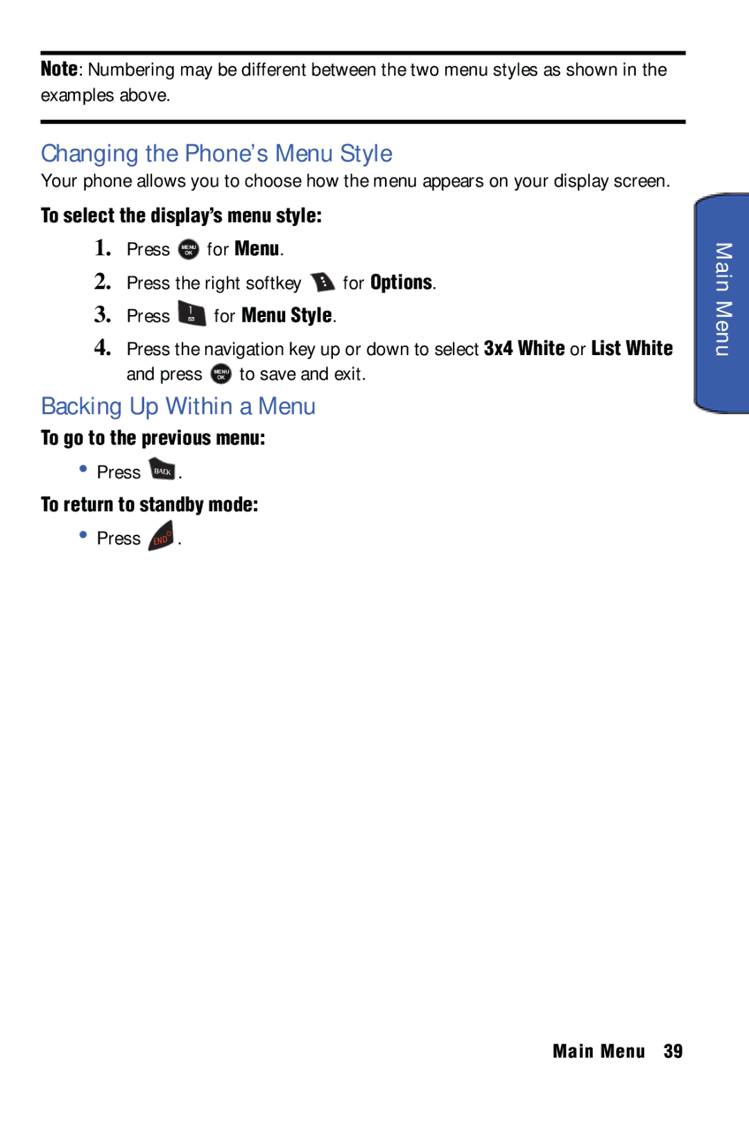 Samsung SPH-m50 manual Changing the Phone’s Menu Style, Backing Up Within a Menu, Main Menu 