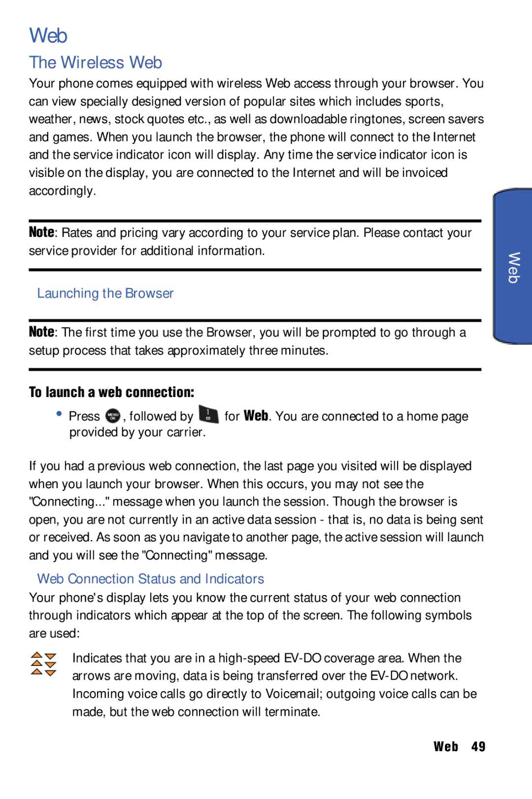 Samsung SPH-m50 manual Wireless Web, Launching the Browser, Web Connection Status and Indicators 