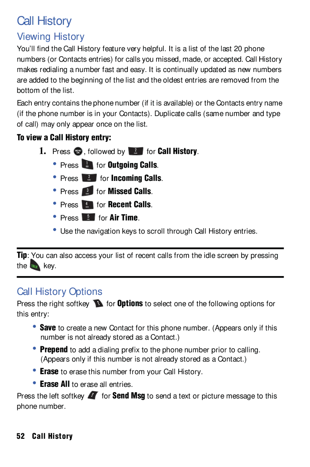 Samsung SPH-m50 manual Viewing History, Call History Options 