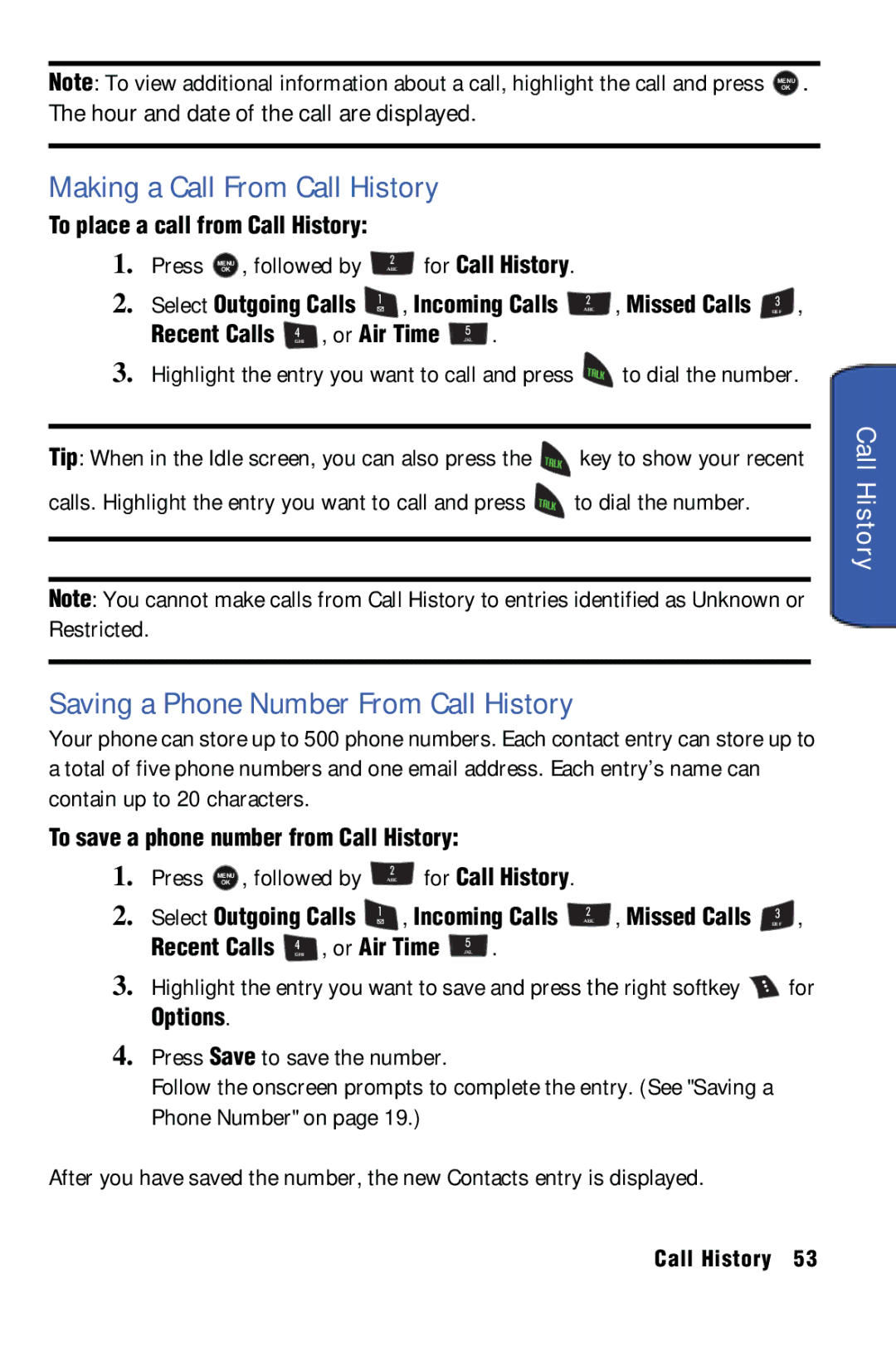 Samsung SPH-m50 manual Making a Call From Call History, Saving a Phone Number From Call History 