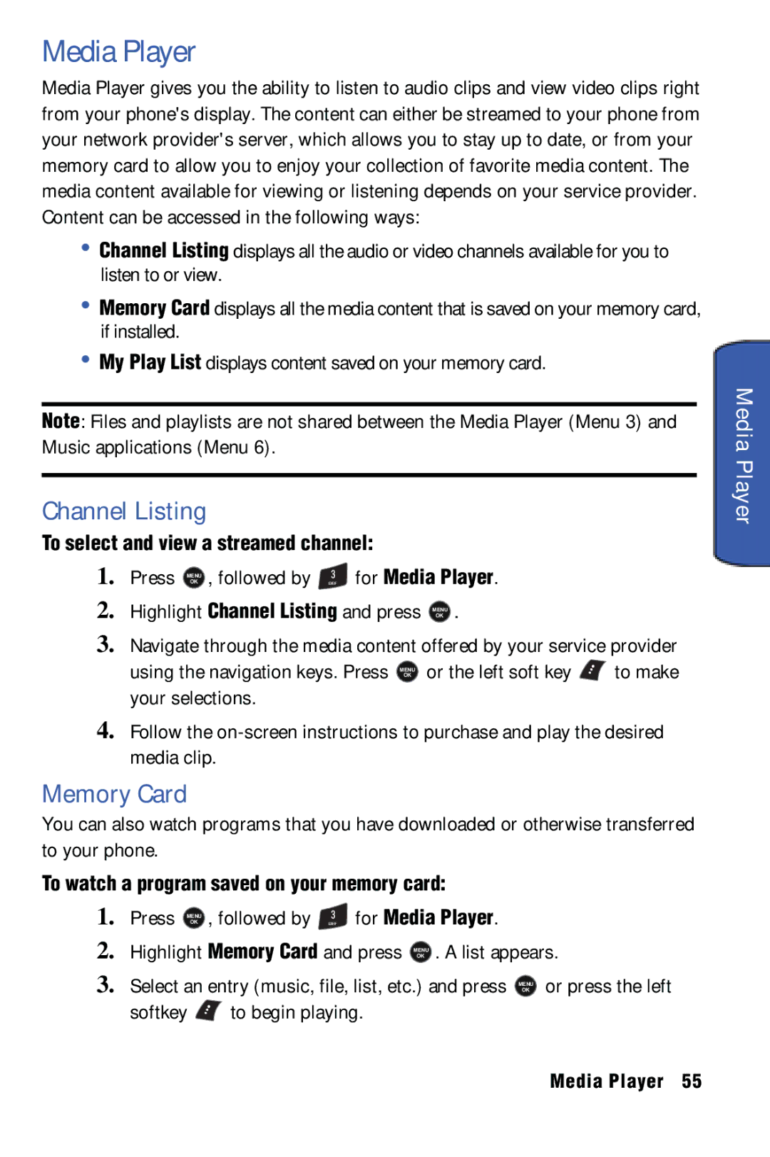 Samsung SPH-m50 manual Media Player, Channel Listing, Memory Card 