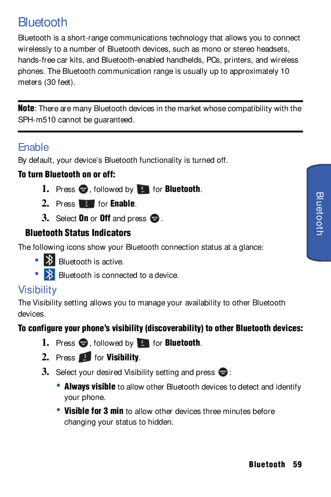 Samsung SPH-m50 manual Enable, Visibility, Bluetooth Status Indicators 