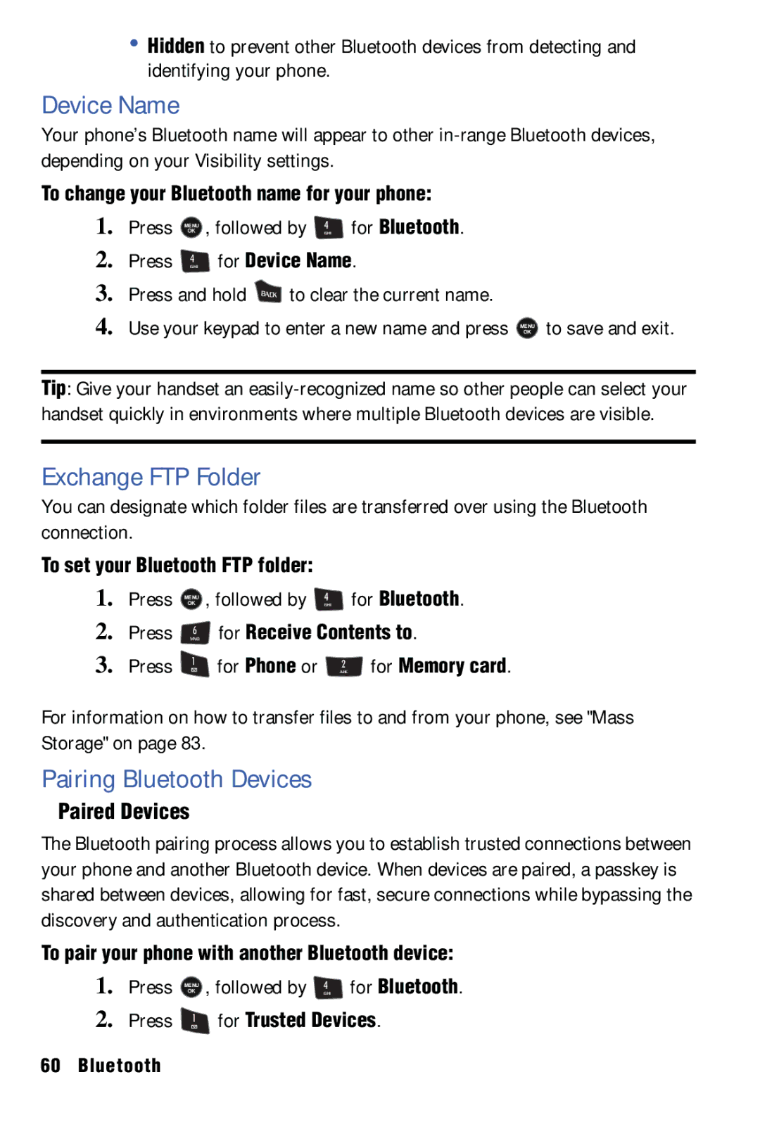 Samsung SPH-m50 manual Device Name, Exchange FTP Folder, Pairing Bluetooth Devices, Paired Devices 