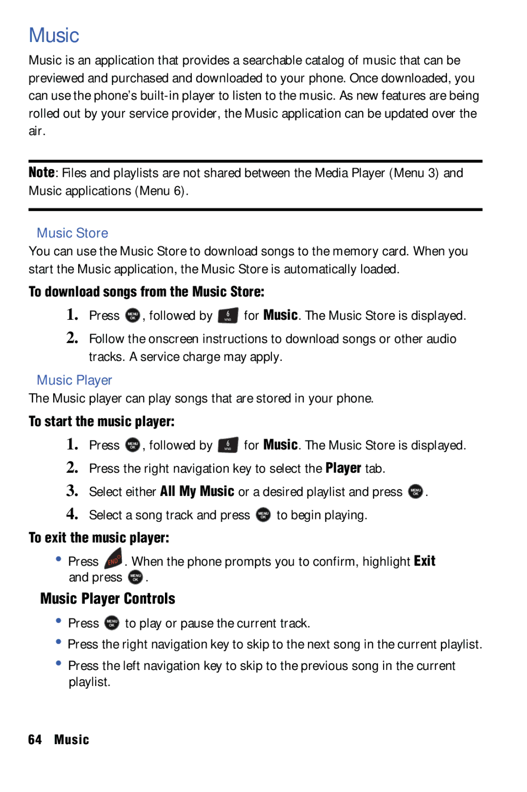 Samsung SPH-m50 manual Music Store, Music Player Controls 