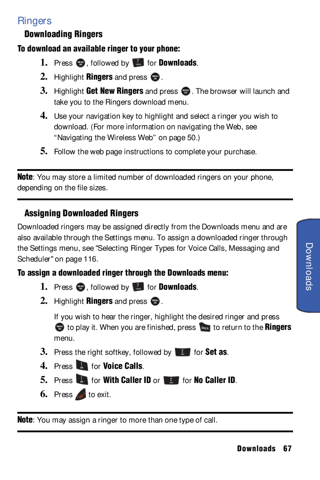 Samsung SPH-m50 manual Downloads, Downloading Ringers, Assigning Downloaded Ringers 