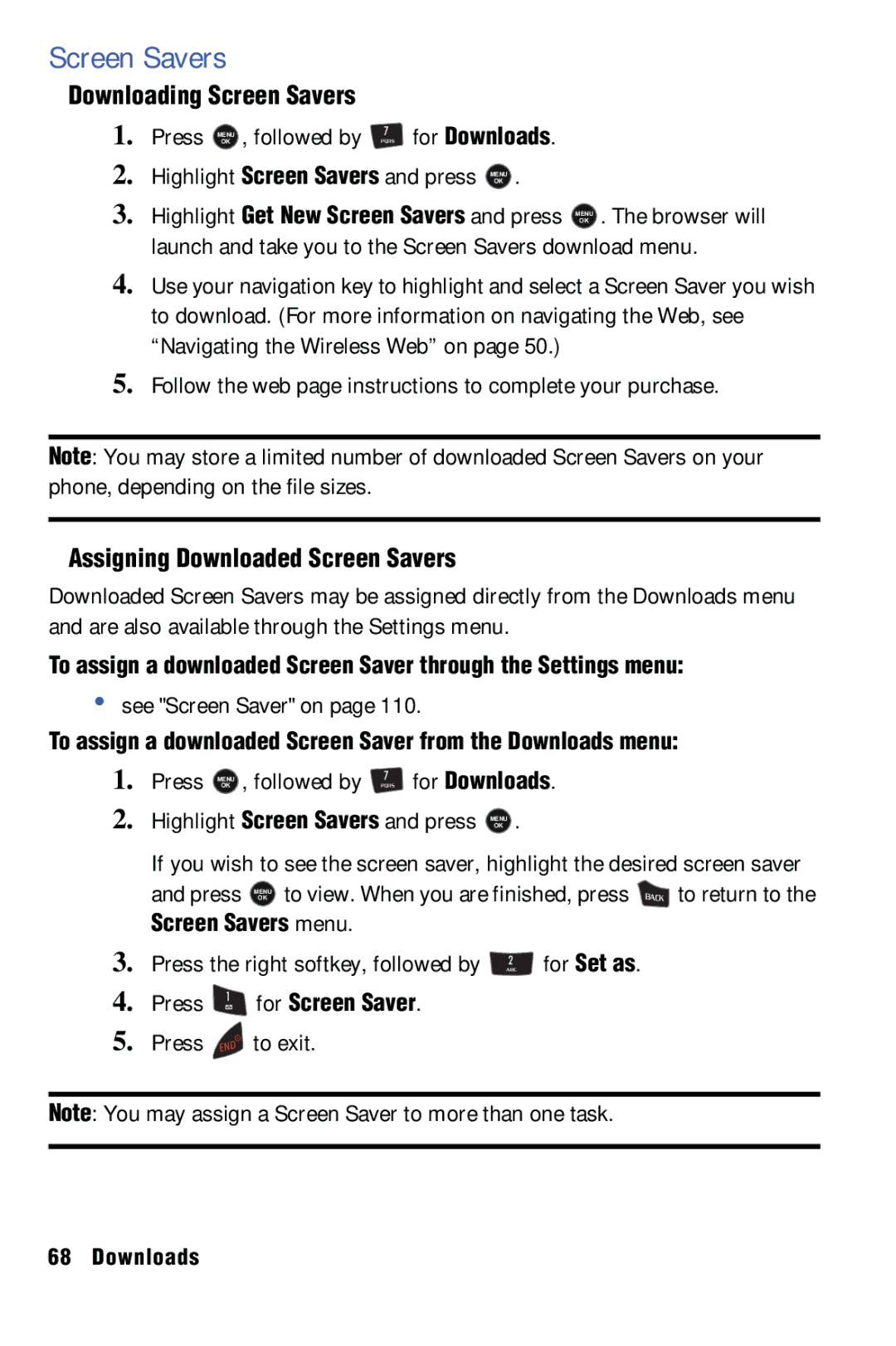 Samsung SPH-m50 manual Downloading Screen Savers, Assigning Downloaded Screen Savers, Screen Savers menu 