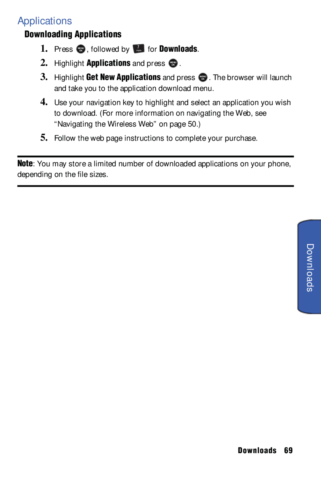 Samsung SPH-m50 manual Downloading Applications, Take you to the application download menu 