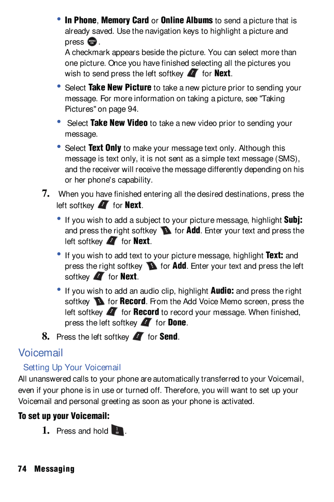 Samsung SPH-m50 manual Setting Up Your Voicemail, Left softkey for Next, Softkey for Next, To set up your Voicemail 