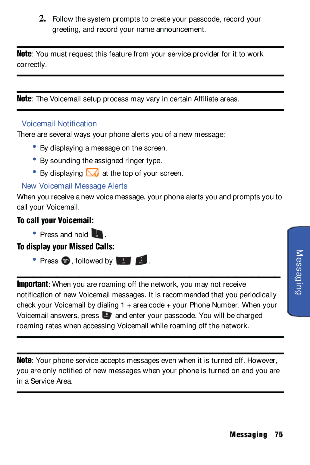 Samsung SPH-m50 Voicemail Notification, New Voicemail Message Alerts, To call your Voicemail, To display your Missed Calls 