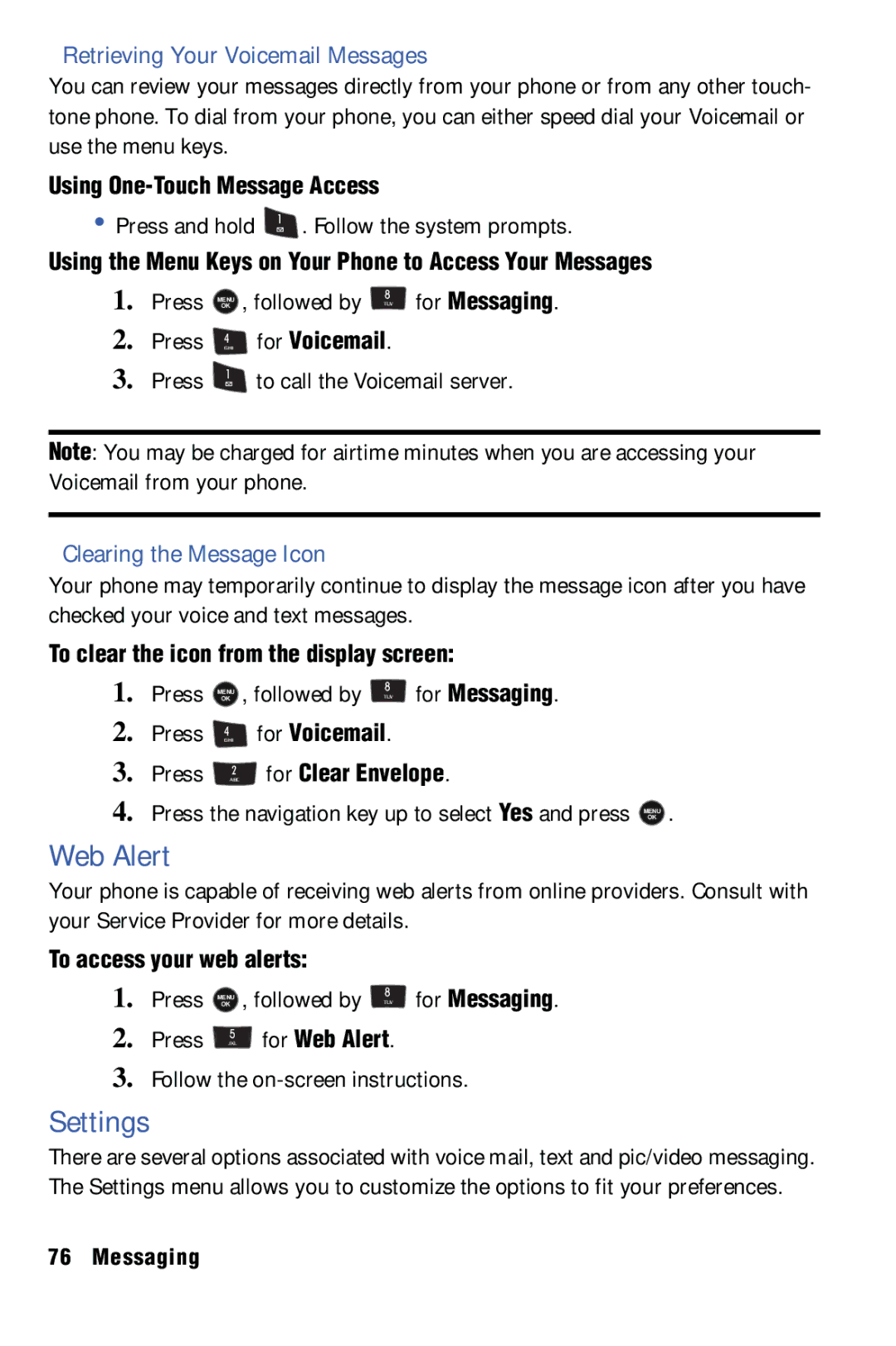 Samsung SPH-m50 manual Web Alert, Settings, Retrieving Your Voicemail Messages, Clearing the Message Icon 