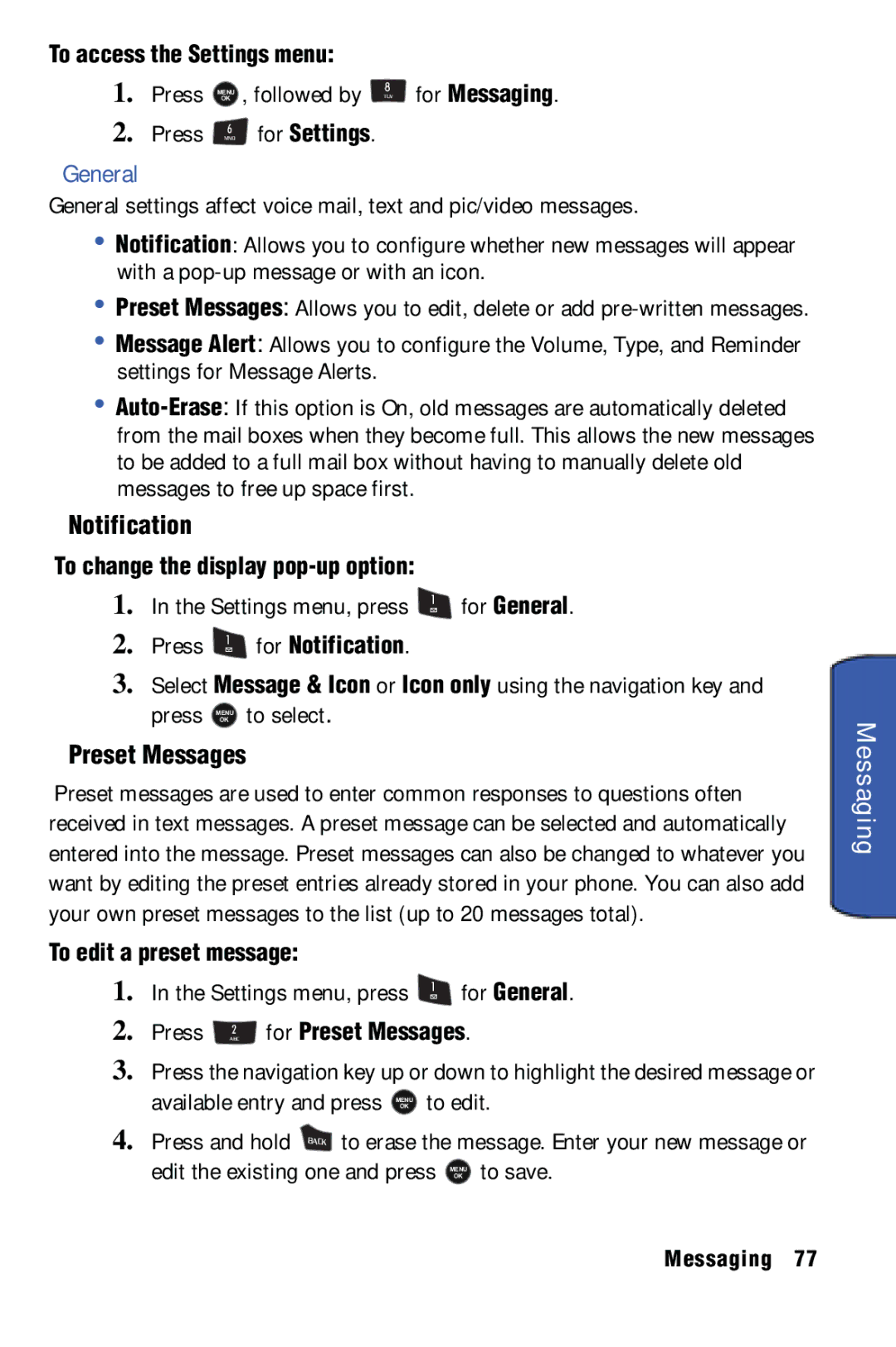 Samsung SPH-m50 manual General, Notification, Preset Messages 