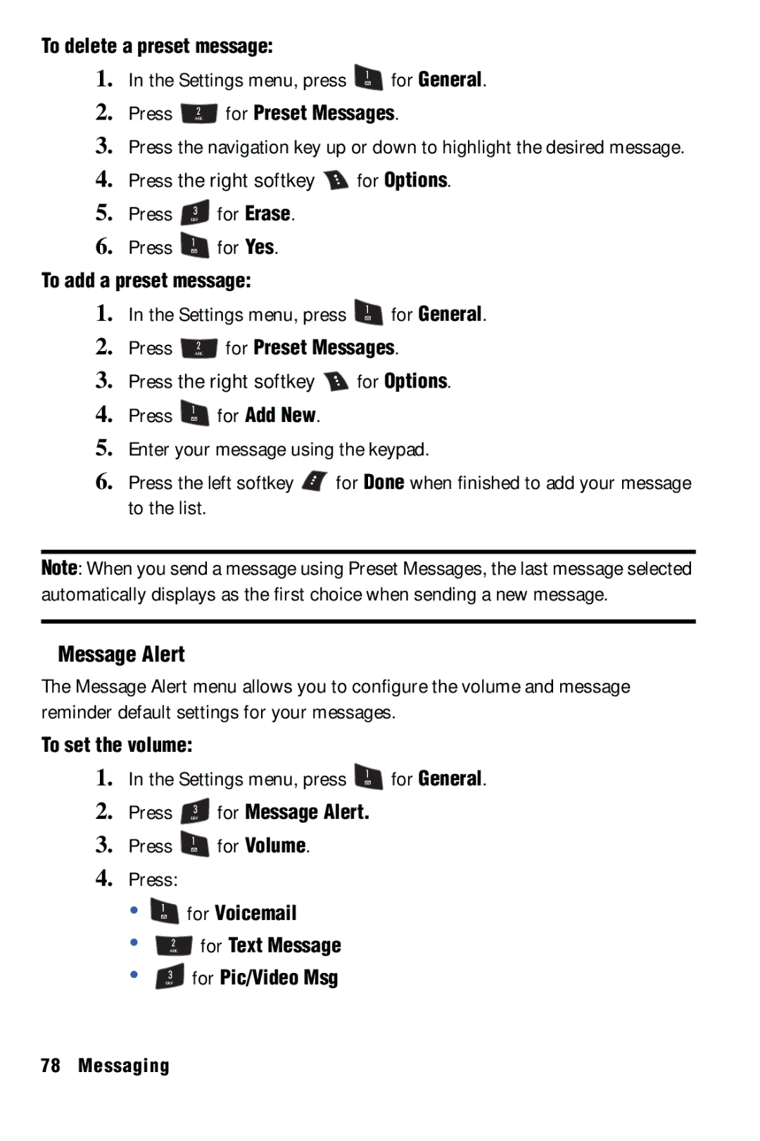 Samsung SPH-m50 manual Message Alert, To delete a preset message, To add a preset message, To set the volume 