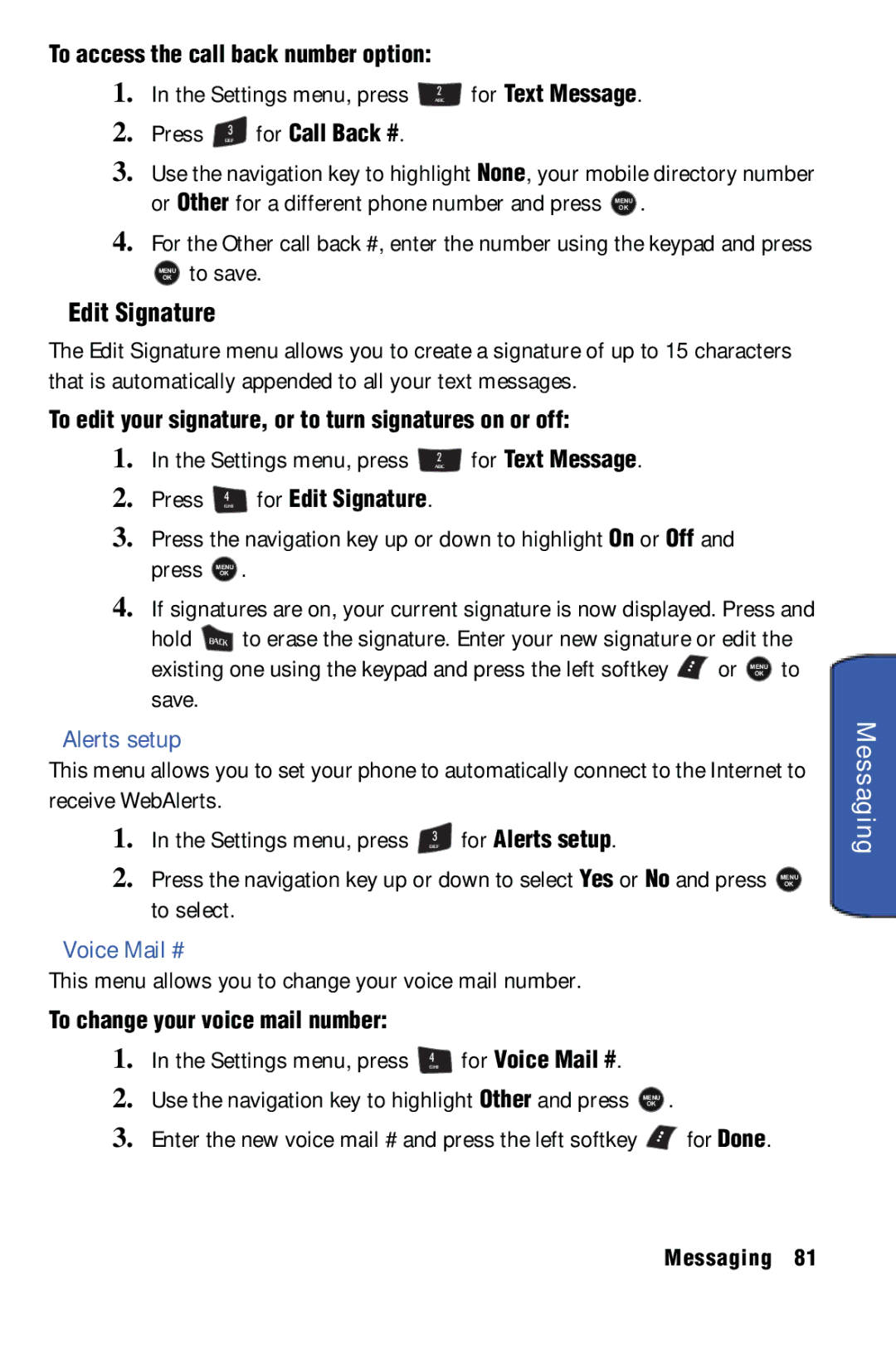 Samsung SPH-m50 manual Edit Signature, Alerts setup, Voice Mail # 