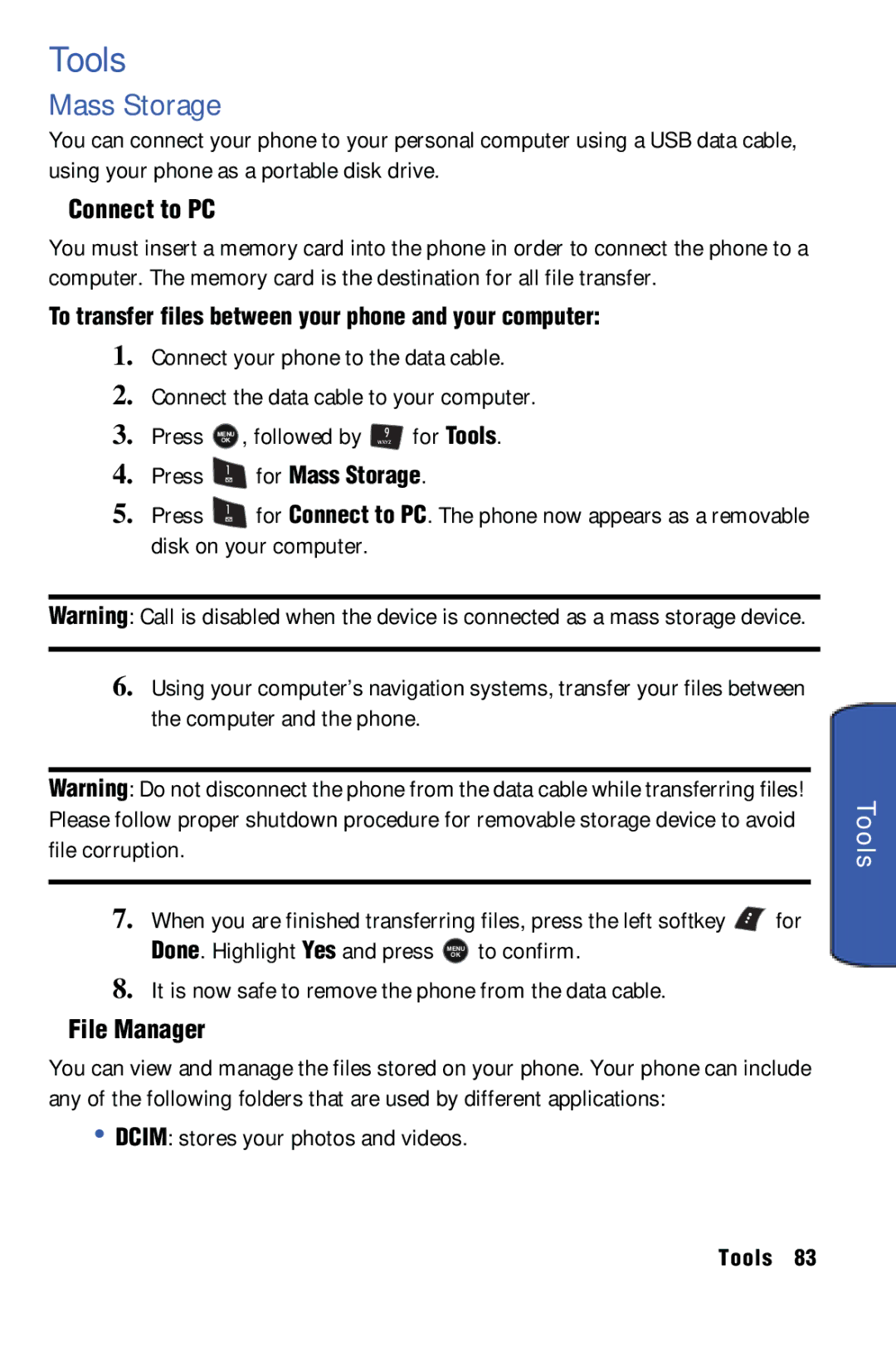 Samsung SPH-m50 manual Tools, Mass Storage, Connect to PC, File Manager 