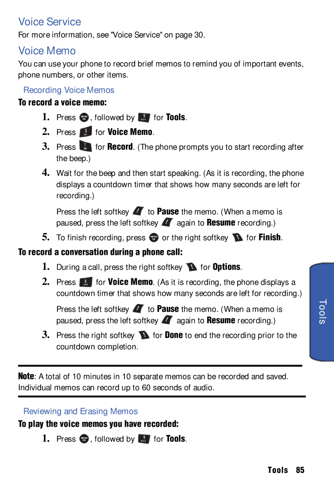 Samsung SPH-m50 manual Voice Service, Recording Voice Memos, Reviewing and Erasing Memos 