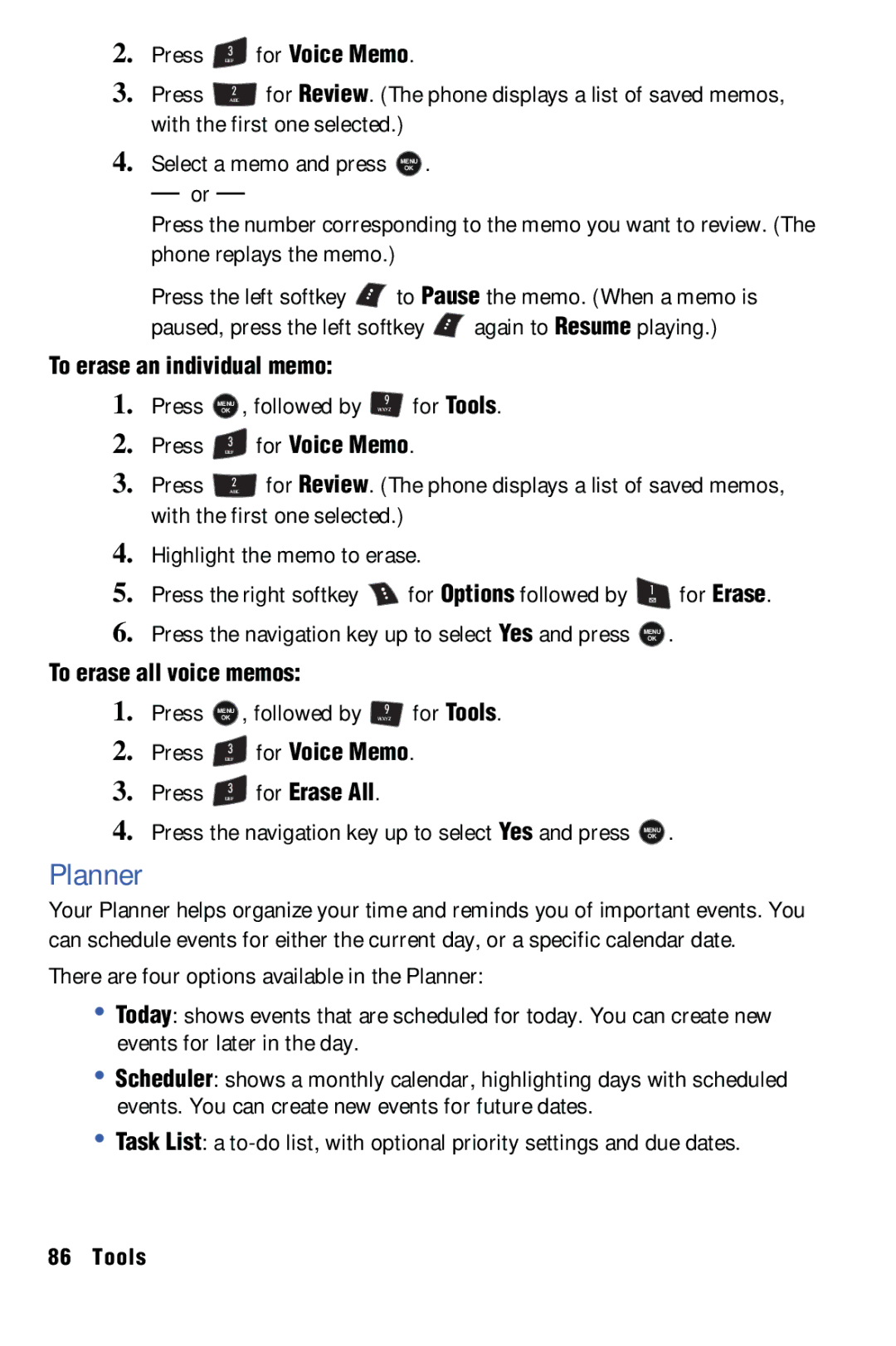 Samsung SPH-m50 manual Planner, To erase an individual memo, To erase all voice memos, For Erase All 