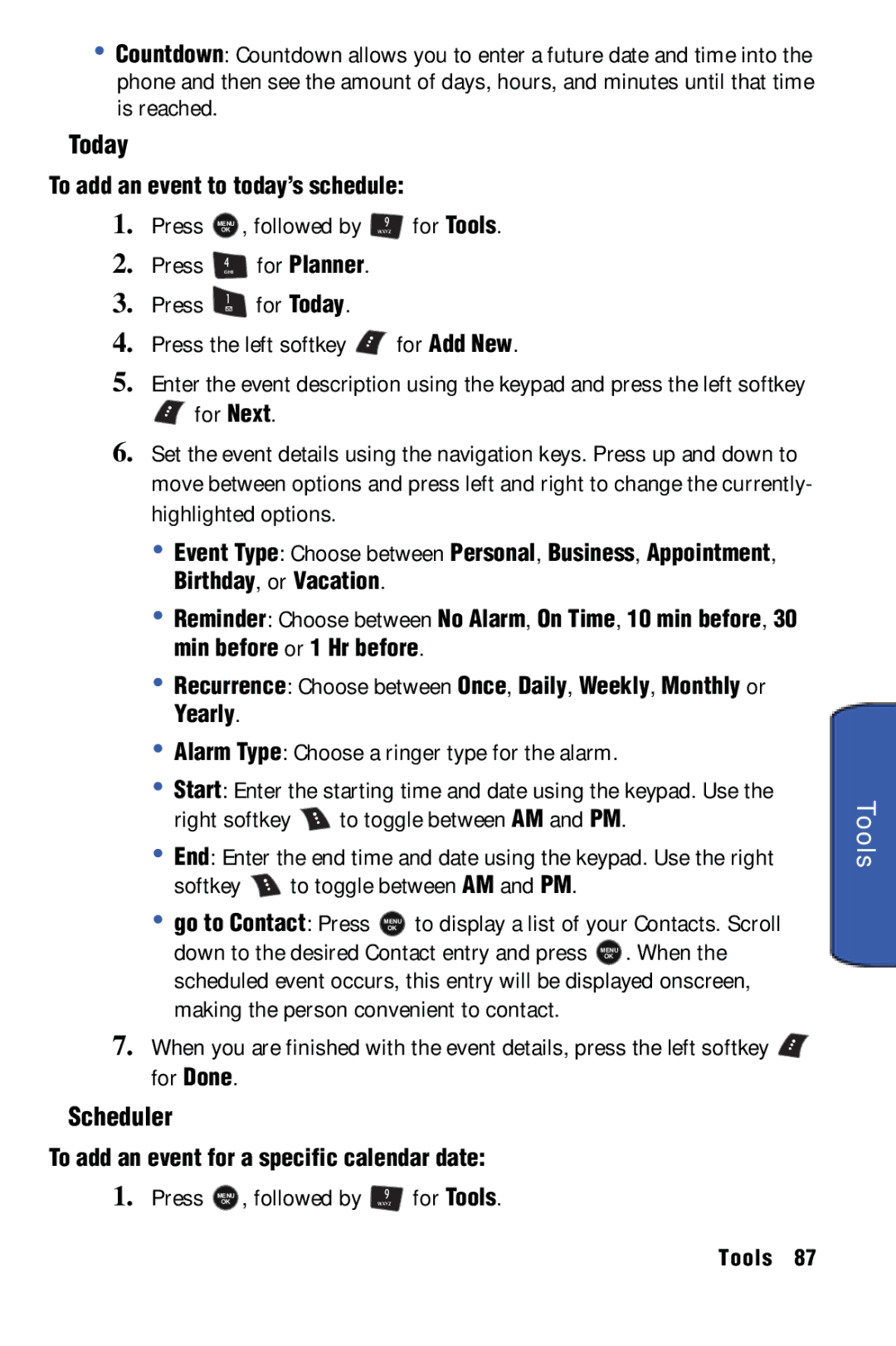 Samsung SPH-m50 manual Today, Scheduler, To add an event to today’s schedule, To add an event for a specific calendar date 