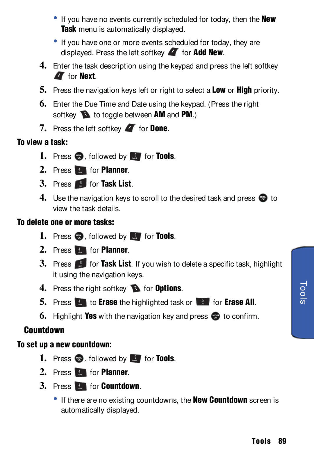 Samsung SPH-m50 manual To delete one or more tasks, To set up a new countdown, For Countdown 