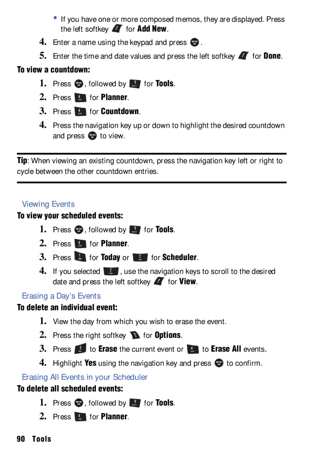 Samsung SPH-m50 manual Viewing Events, Erasing a Day’s Events, Erasing All Events in your Scheduler, To view a countdown 