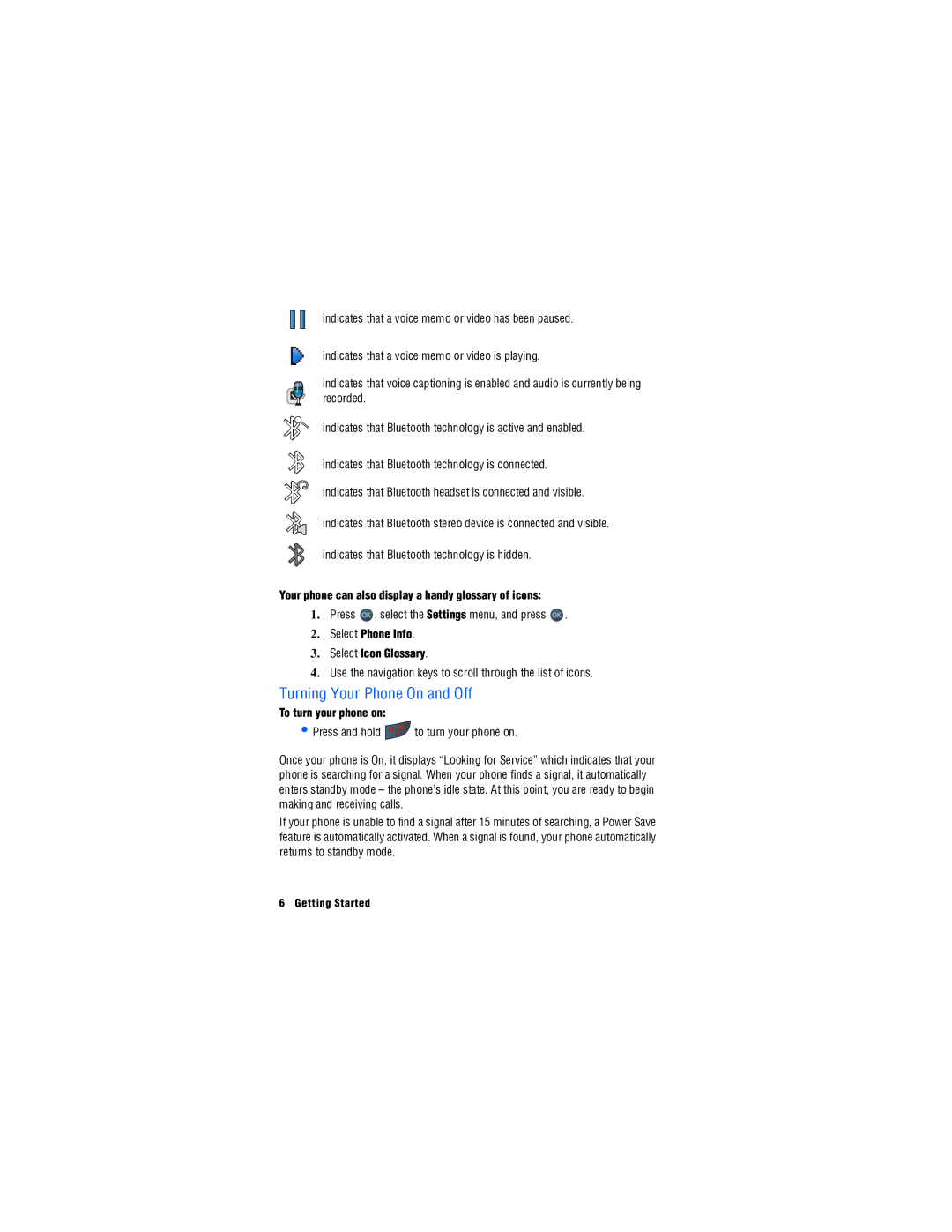 Samsung SPH-M560 manual Turning Your Phone On and Off, Your phone can also display a handy glossary of icons 