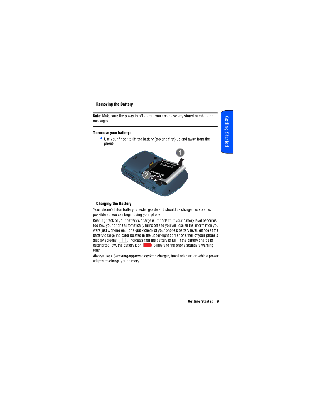 Samsung SPH-M560 manual Removing the Battery, Charging the Battery, To remove your battery 