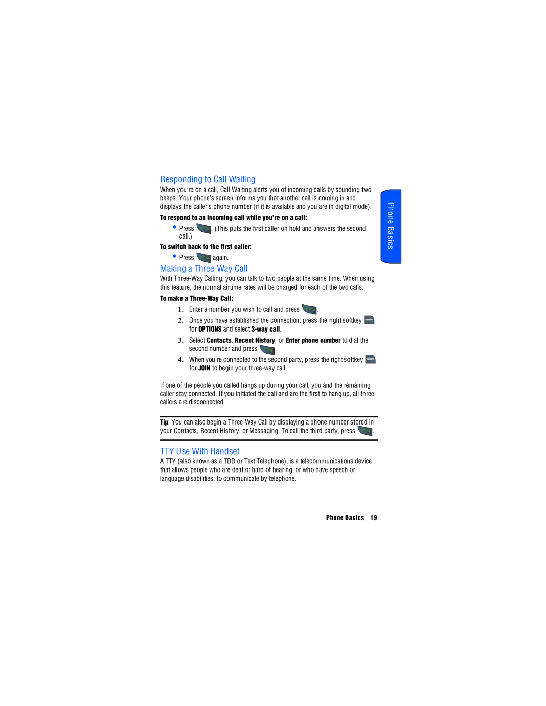 Samsung SPH-M560 manual Responding to Call Waiting, Making a Three-Way Call, TTY Use With Handset 