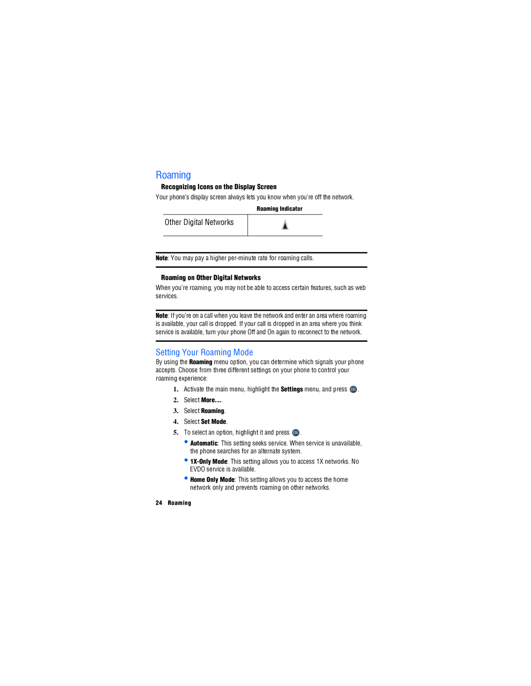 Samsung SPH-M560 Setting Your Roaming Mode, Recognizing Icons on the Display Screen, Roaming on Other Digital Networks 