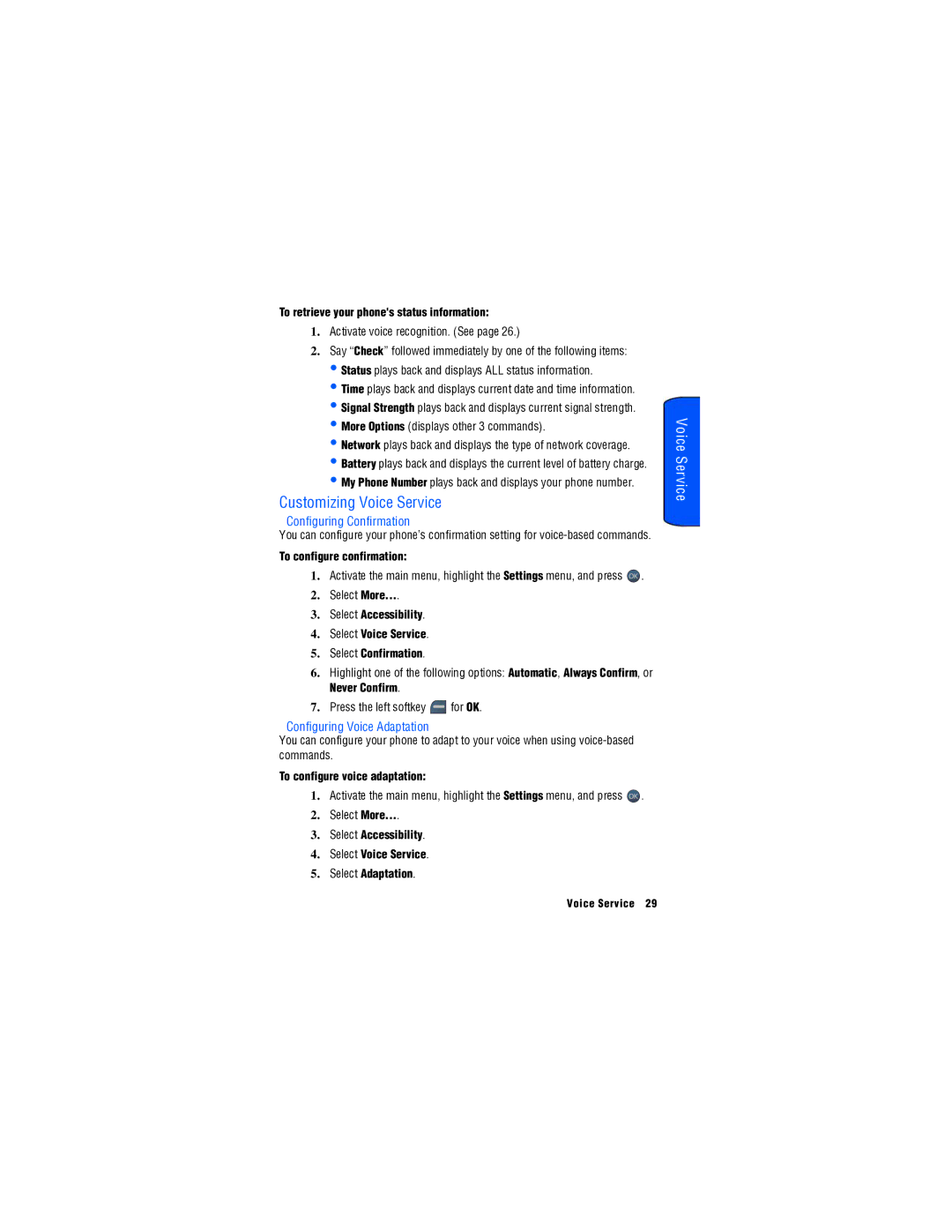 Samsung SPH-M560 manual Customizing Voice Service, Configuring Confirmation, Configuring Voice Adaptation 