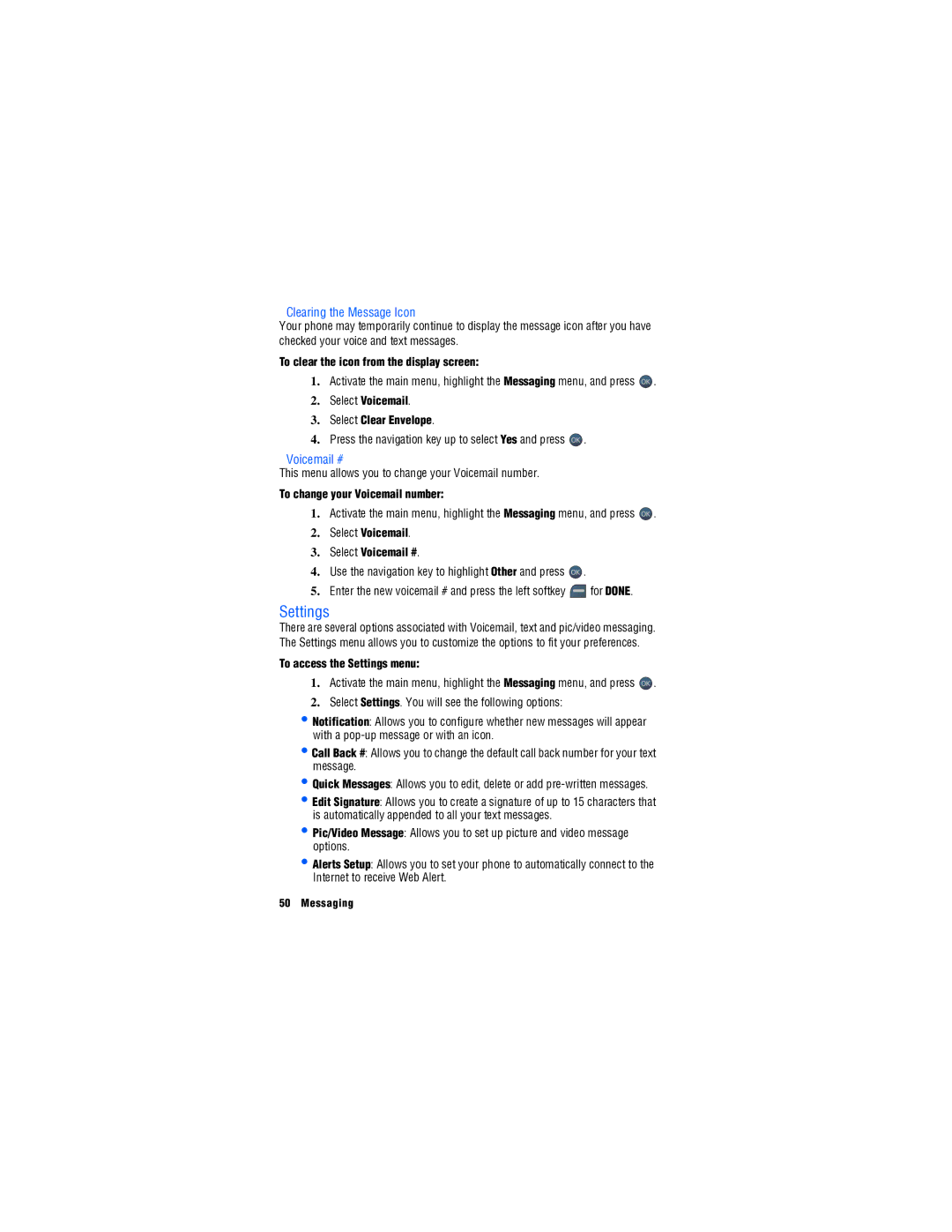 Samsung SPH-M560 manual Settings, Clearing the Message Icon, Voicemail # 