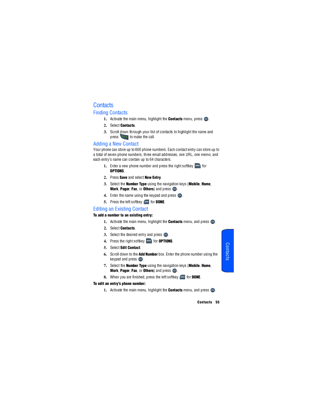 Samsung SPH-M560 manual Finding Contacts, Adding a New Contact, Editing an Existing Contact 