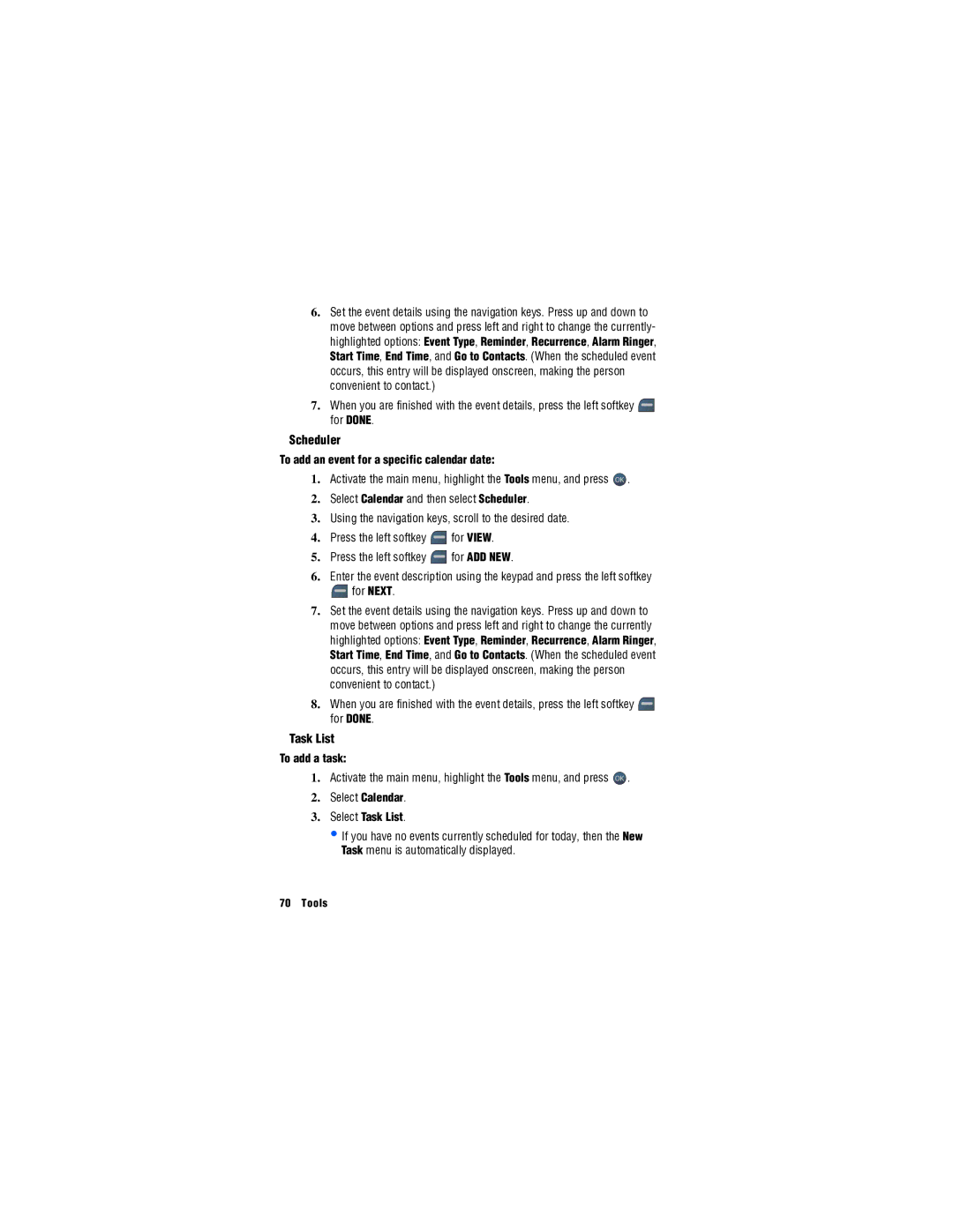 Samsung SPH-M560 manual Scheduler, To add an event for a specific calendar date, To add a task, Select Task List 