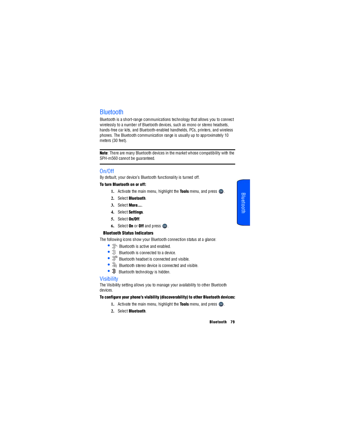 Samsung SPH-M560 manual On/Off, Visibility, Bluetooth Status Indicators 