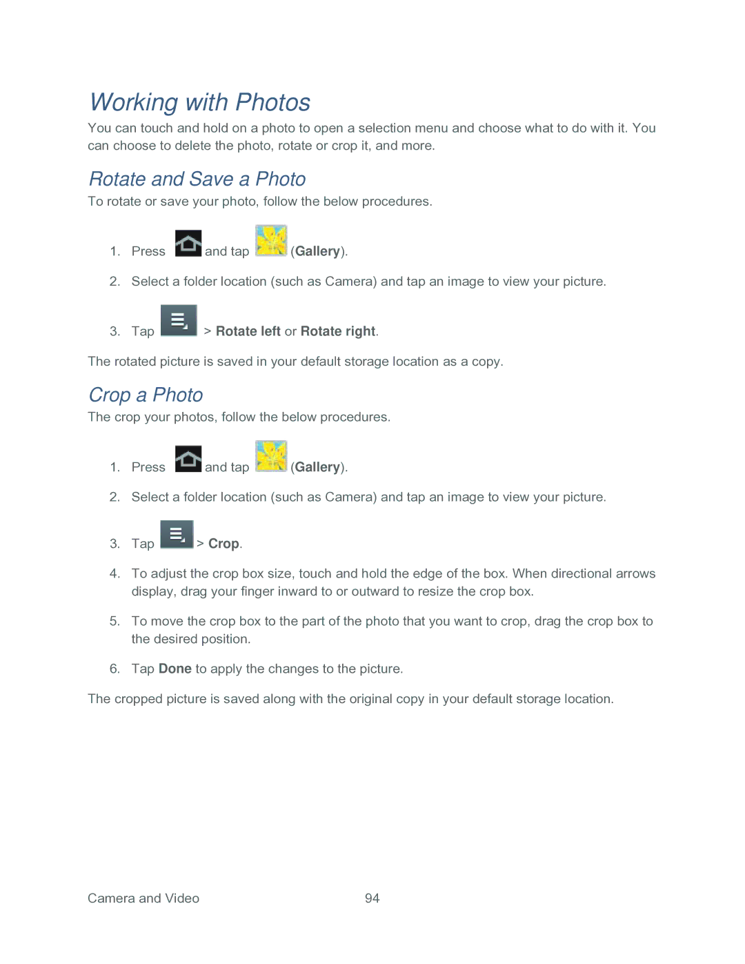 Samsung SPH-P500TSASPR manual Working with Photos, Rotate and Save a Photo, Crop a Photo, Tap Rotate left or Rotate right 