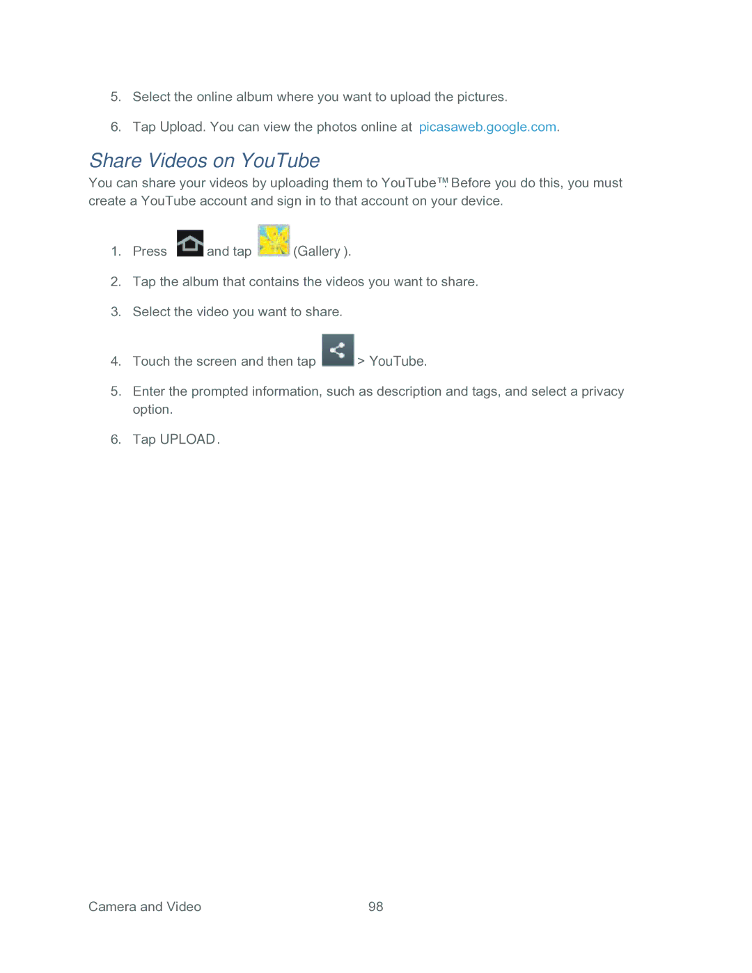 Samsung SPH-P500TSASPR manual Share Videos on YouTube, Tap Upload 