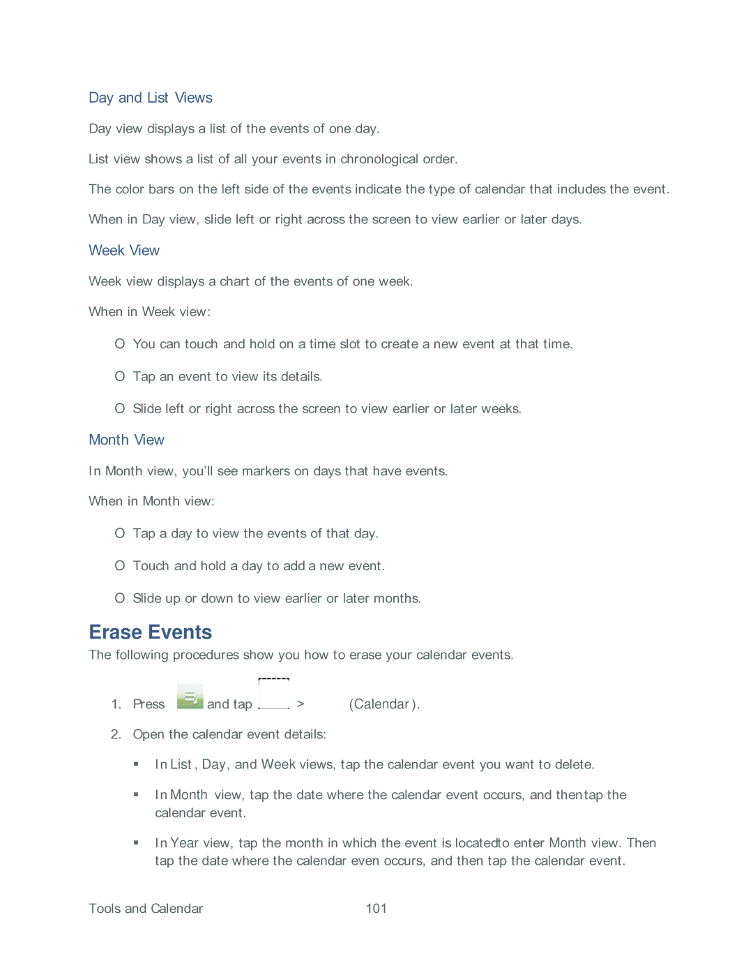 Samsung SPH-P500TSASPR manual Erase Events, Day and List Views, Week View, Month View 