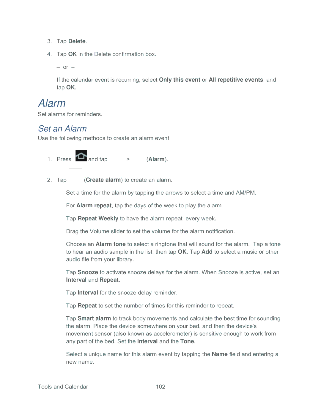 Samsung SPH-P500TSASPR manual Set an Alarm, Tap Delete 