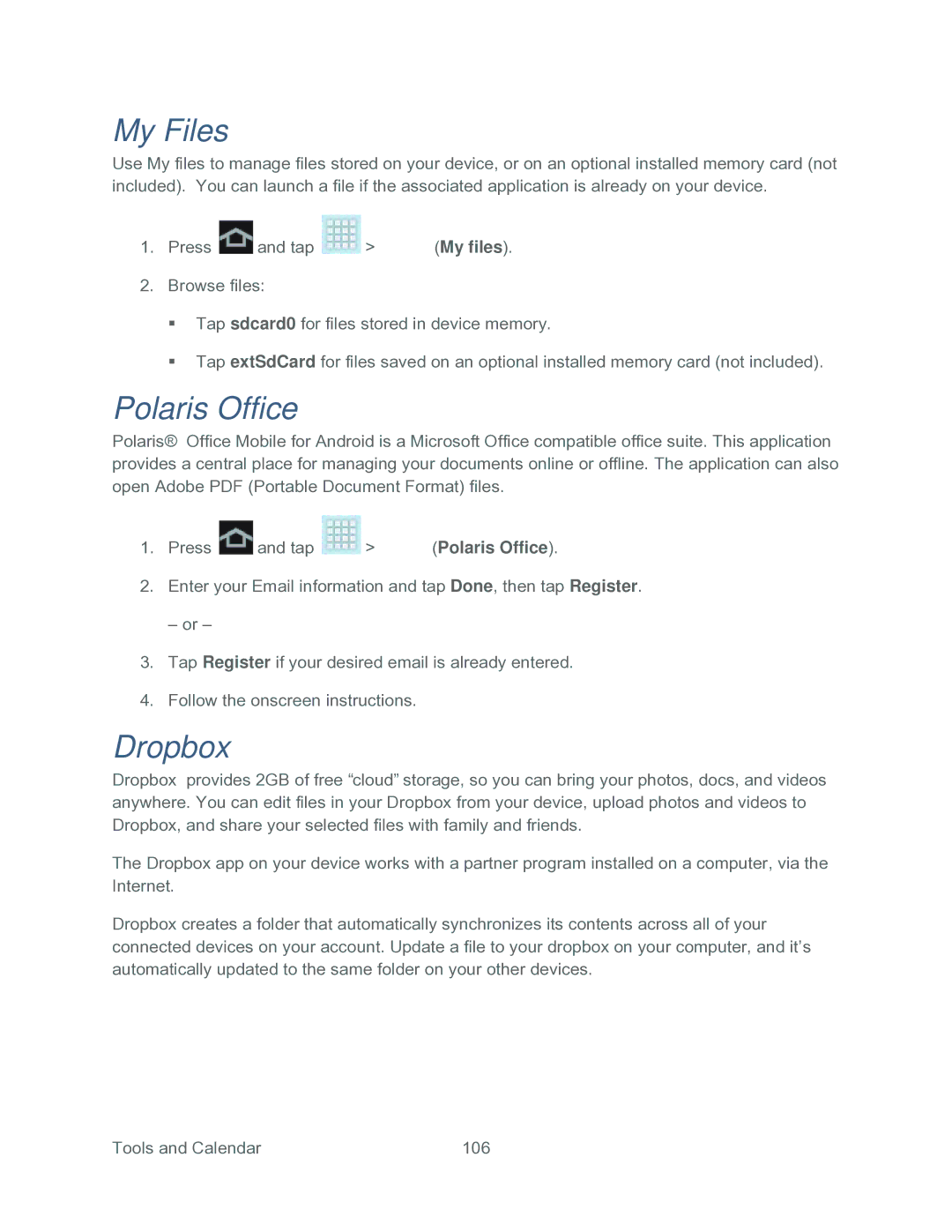 Samsung SPH-P500TSASPR manual My Files, Polaris Office, Dropbox 