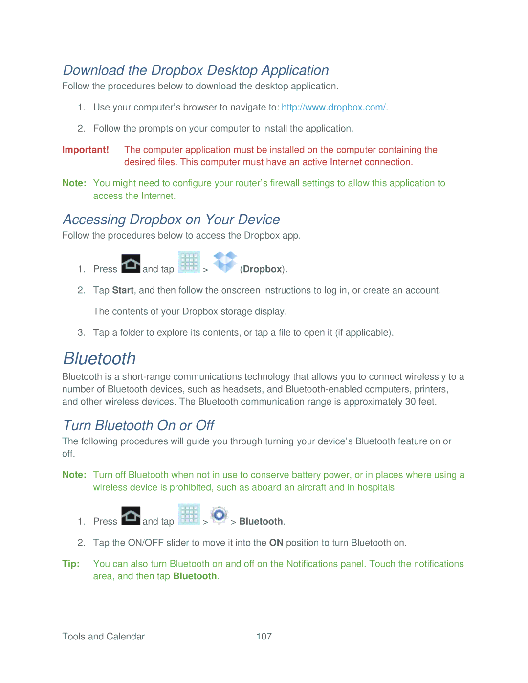 Samsung SPH-P500TSASPR manual Bluetooth, Download the Dropbox Desktop Application, Accessing Dropbox on Your Device 