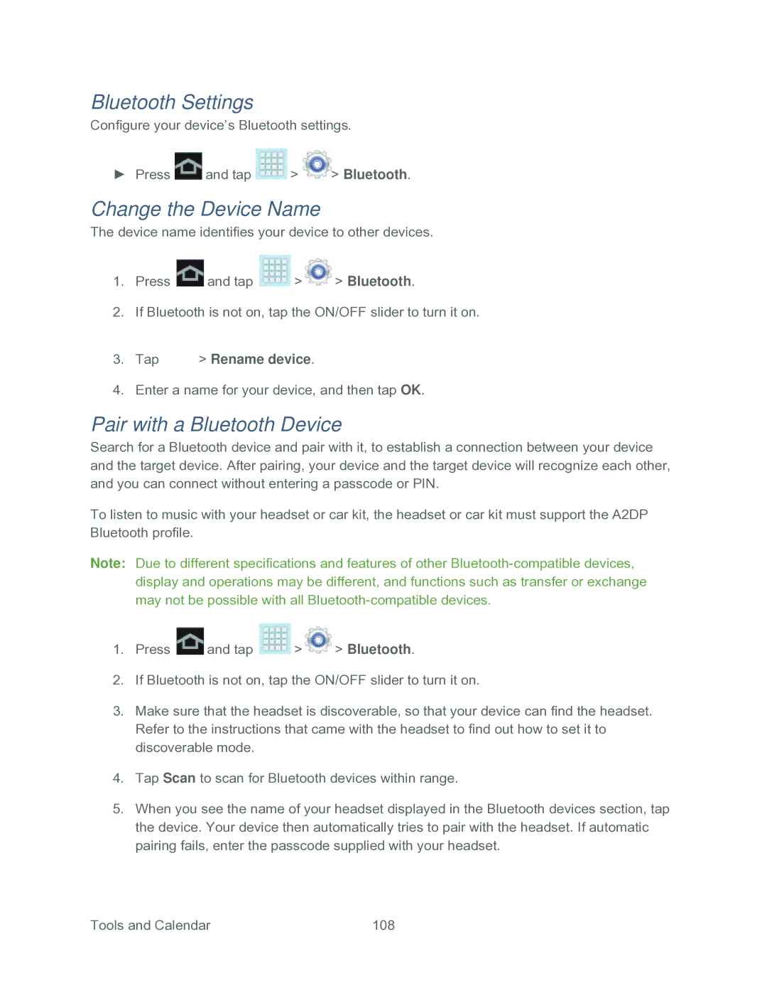 Samsung SPH-P500TSASPR manual Bluetooth Settings, Change the Device Name, Pair with a Bluetooth Device, Tap Rename device 